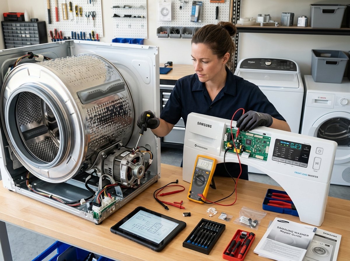 Washing Machine repair technician inspecting drum and PCB in Bangalore